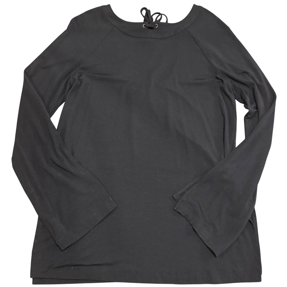 Tart Womens Black Bell Sleeve Lace Up Back Top Size M Long Sleeve Scoop Neck